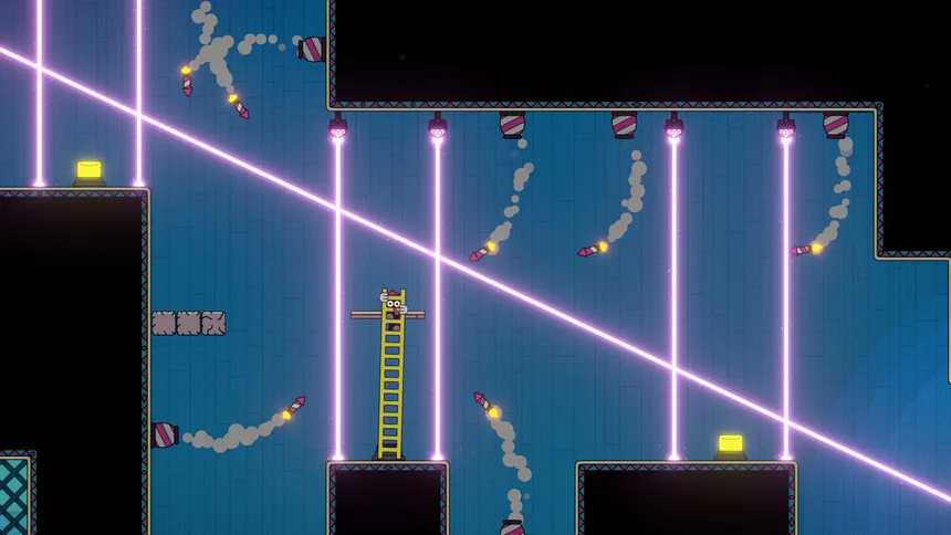 A dark blue level crossed by glowing pink laser lines, with the Lad's yellow ladder propped between two ledges