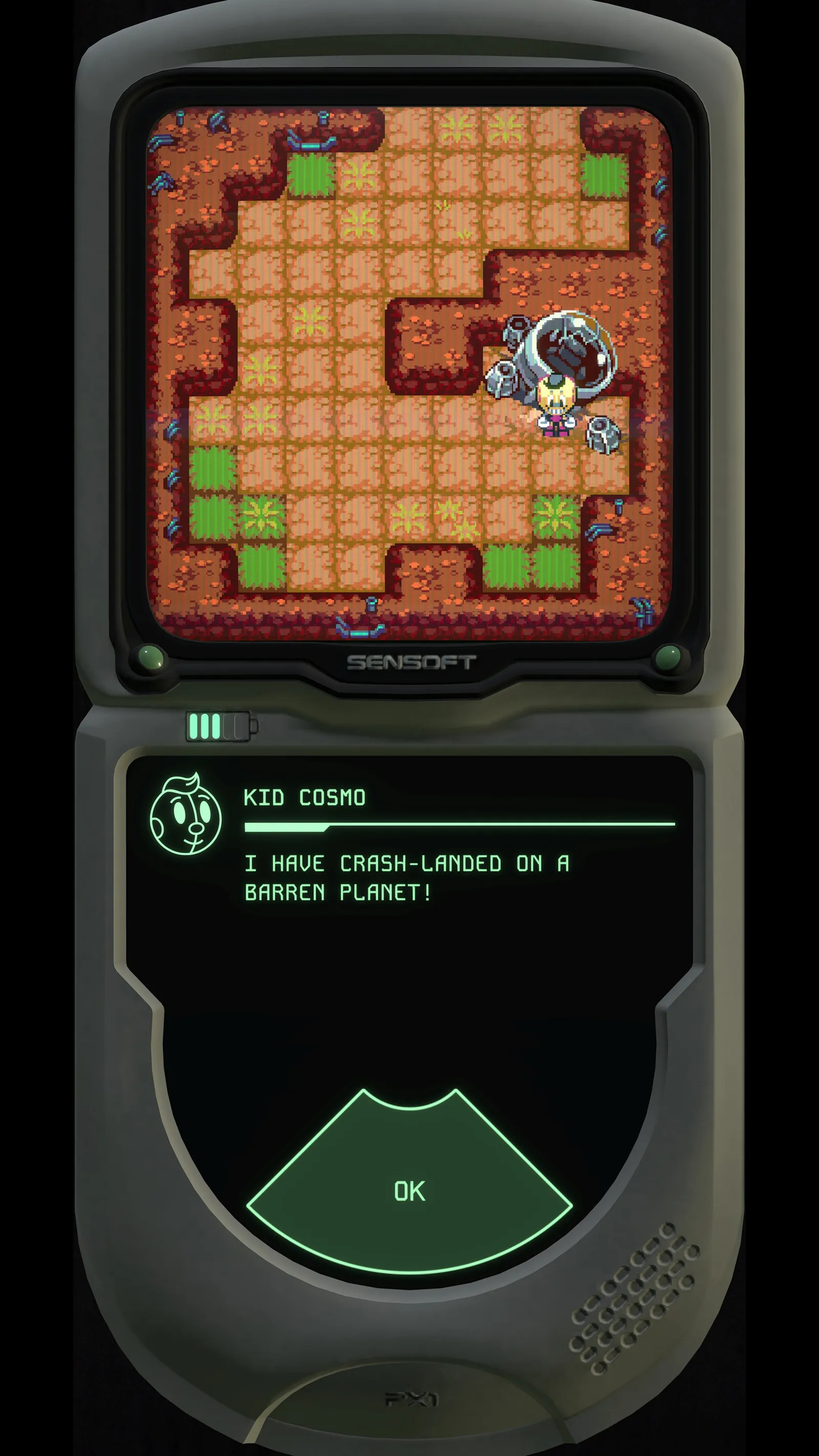 The PX-1 handheld showing an orange dungeon grid, with Kid Cosmo saying "I have crash-landed on a barren planet!"