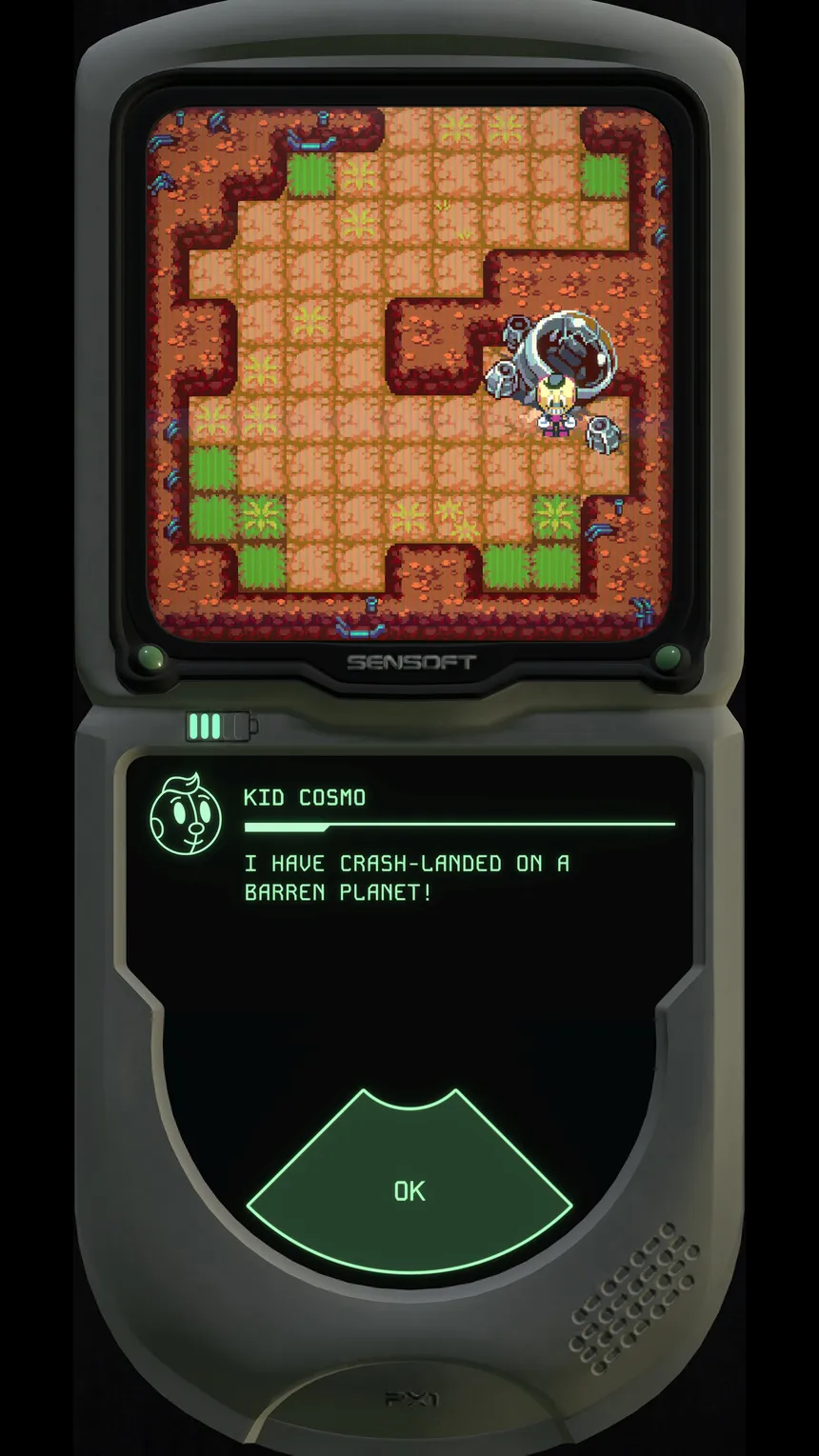 The PX-1 handheld showing an orange dungeon grid, with Kid Cosmo saying "I have crash-landed on a barren planet!"