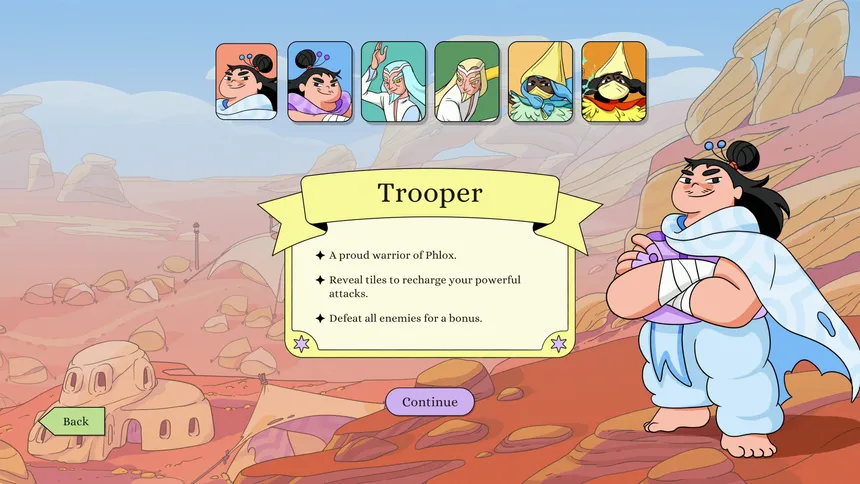 Character select for the Trooper, a proud warrior of Phlox, with her abilities listed beside her
