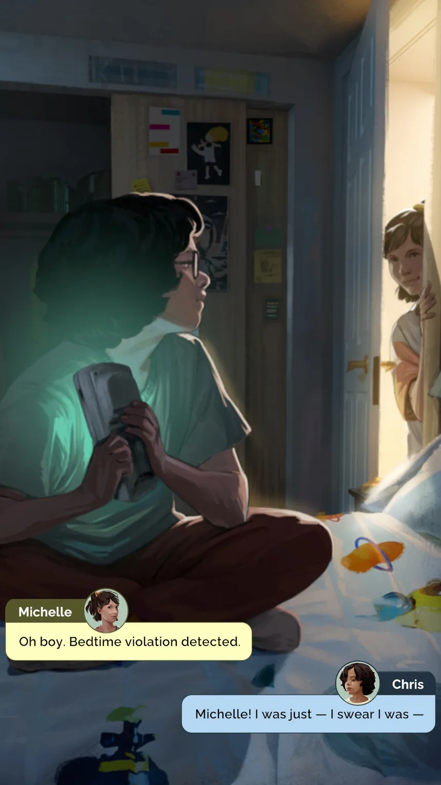 Chris sits on his bed at night playing the PX-1 while Michelle appears in the doorway to call out a bedtime violation