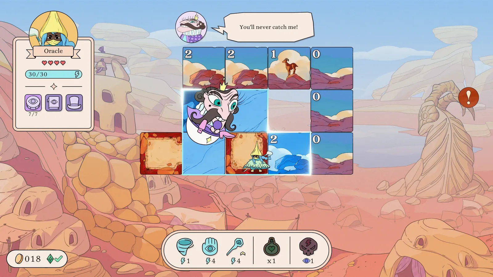 A grid of flipped tiles on a red desert map, a crowned enemy taunting "You'll never catch me!" from a revealed tile