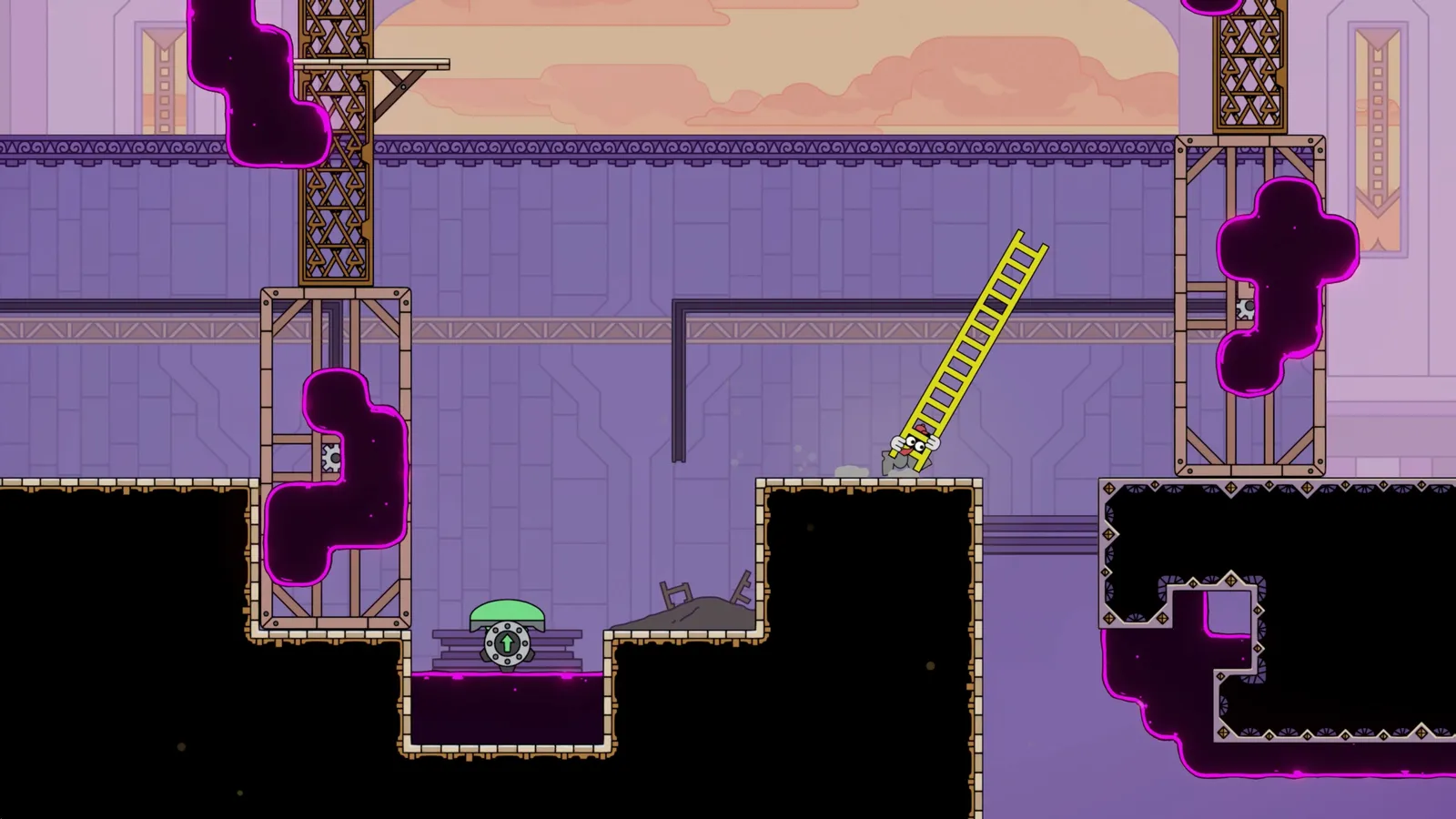 A purple ruin under a pink sky, the ladder leaning against a broken wall above a pit of dark ooze