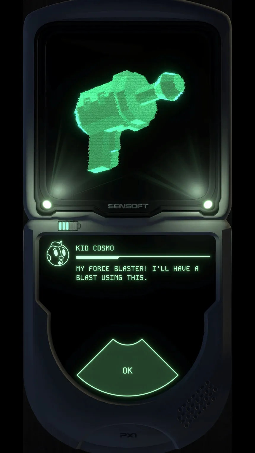 The PX-1 showing a green Force Blaster pickup, with Kid Cosmo promising to have a blast using it