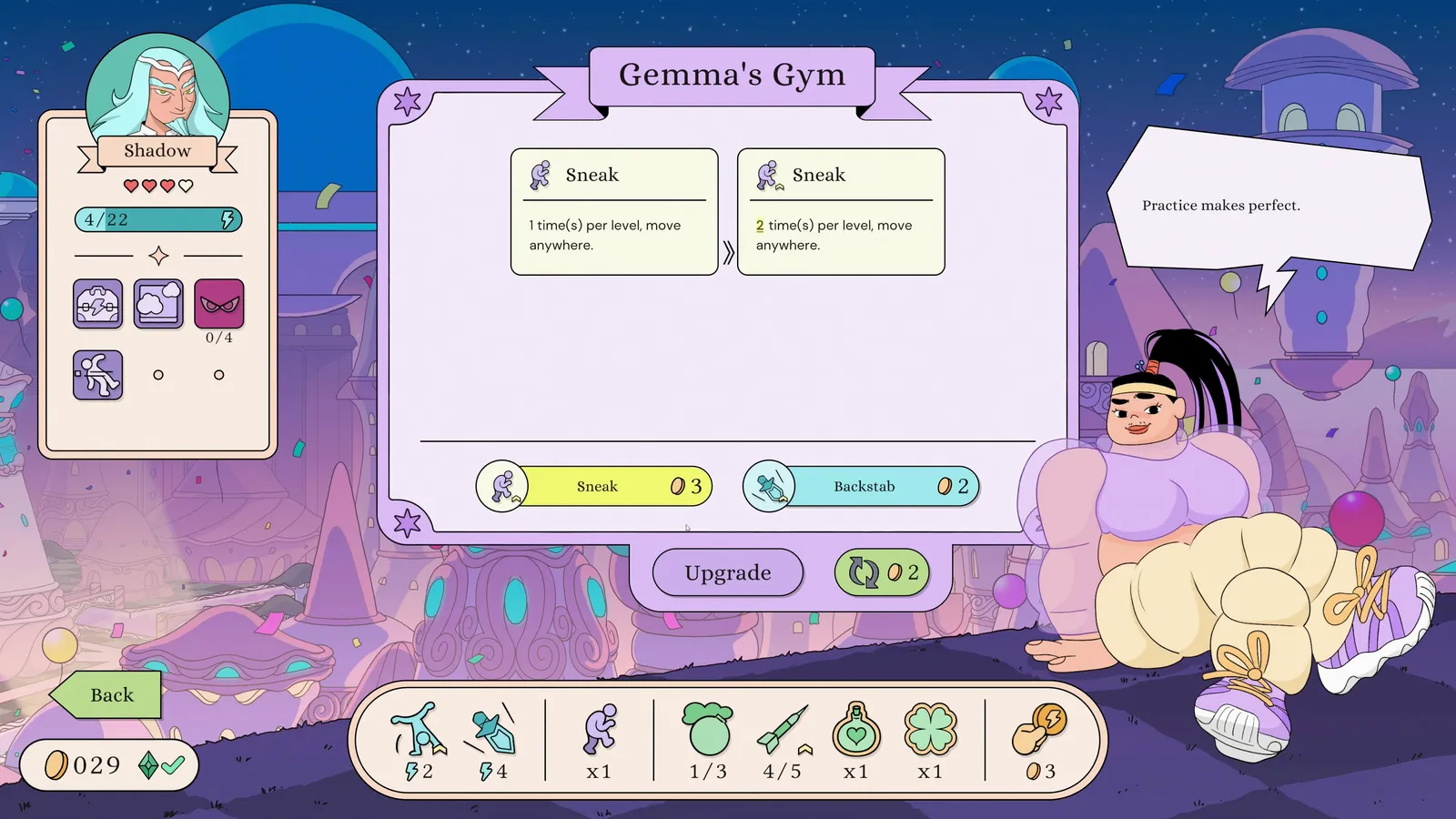 Gemma's Gym, where a muscular trainer offers the Shadow upgrades to her Sneak and Backstab abilities in exchange for gold