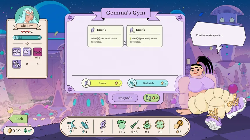 Gemma's Gym, where a muscular trainer offers the Shadow upgrades to her Sneak and Backstab abilities in exchange for gold