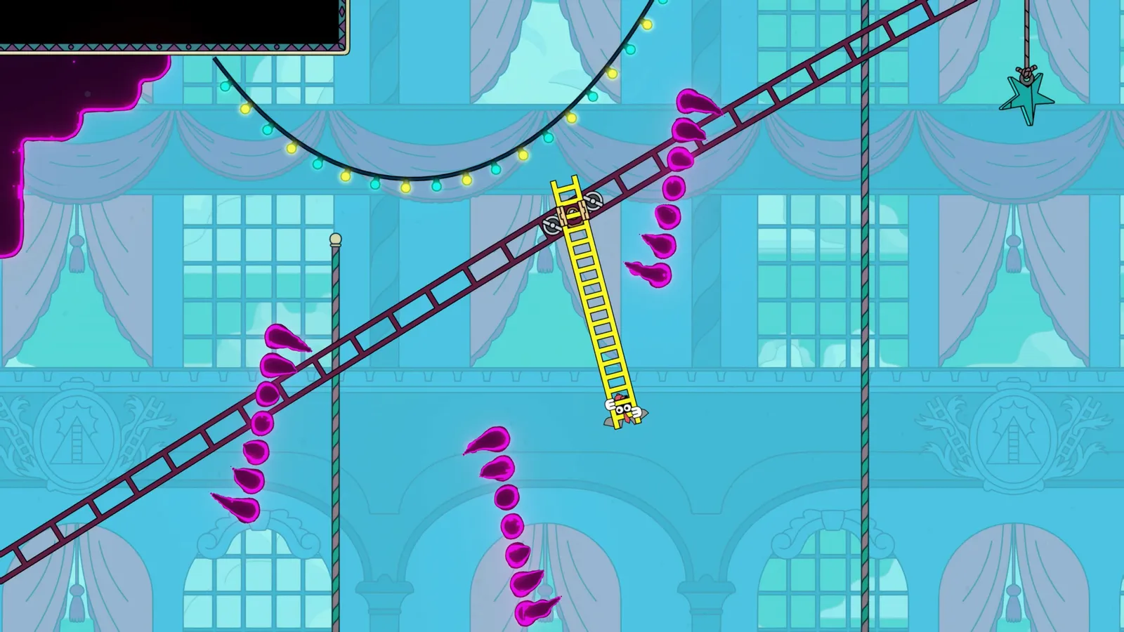 The ladder laid at a steep diagonal across a pale blue hall, with pink spikes lining the climb