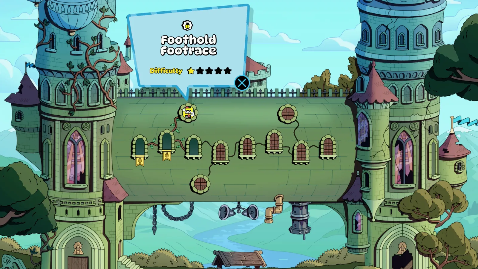 A level select map drawn as a castle terrace, showing the Foothold Footrace stage and its one-of-five difficulty rating