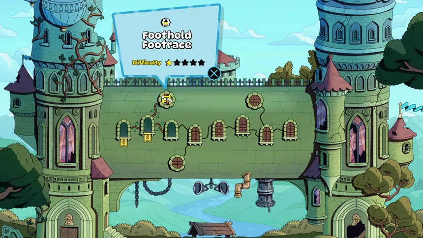 A level select map drawn as a castle terrace, showing the Foothold Footrace stage and its one-of-five difficulty rating