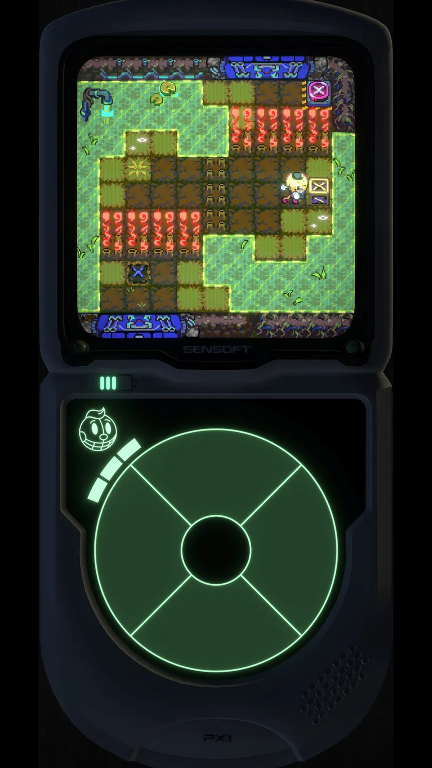 The PX-1 showing a green and brown dungeon level with Kid Cosmo picking a route between blocks