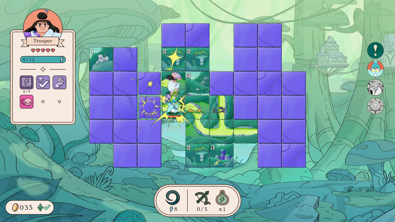 A path of revealed purple tiles winding through an unflipped grid on a lush green map