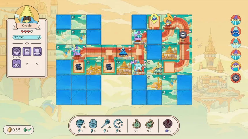 A maze of revealed tiles crossing a pale sand map, with the hero's items and abilities along the bottom
