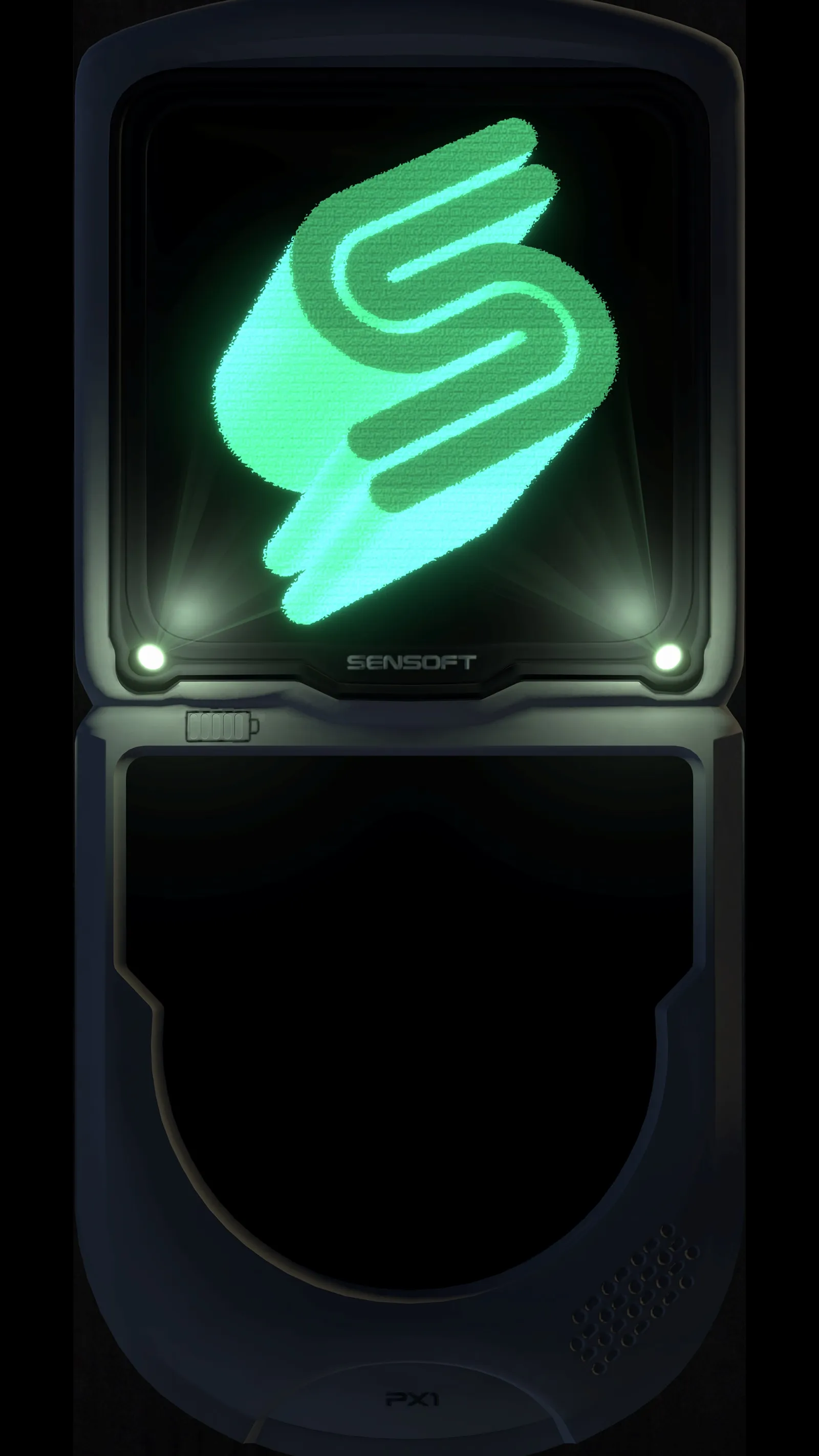 The PX-1 displaying a large glowing green glyph on a dark screen