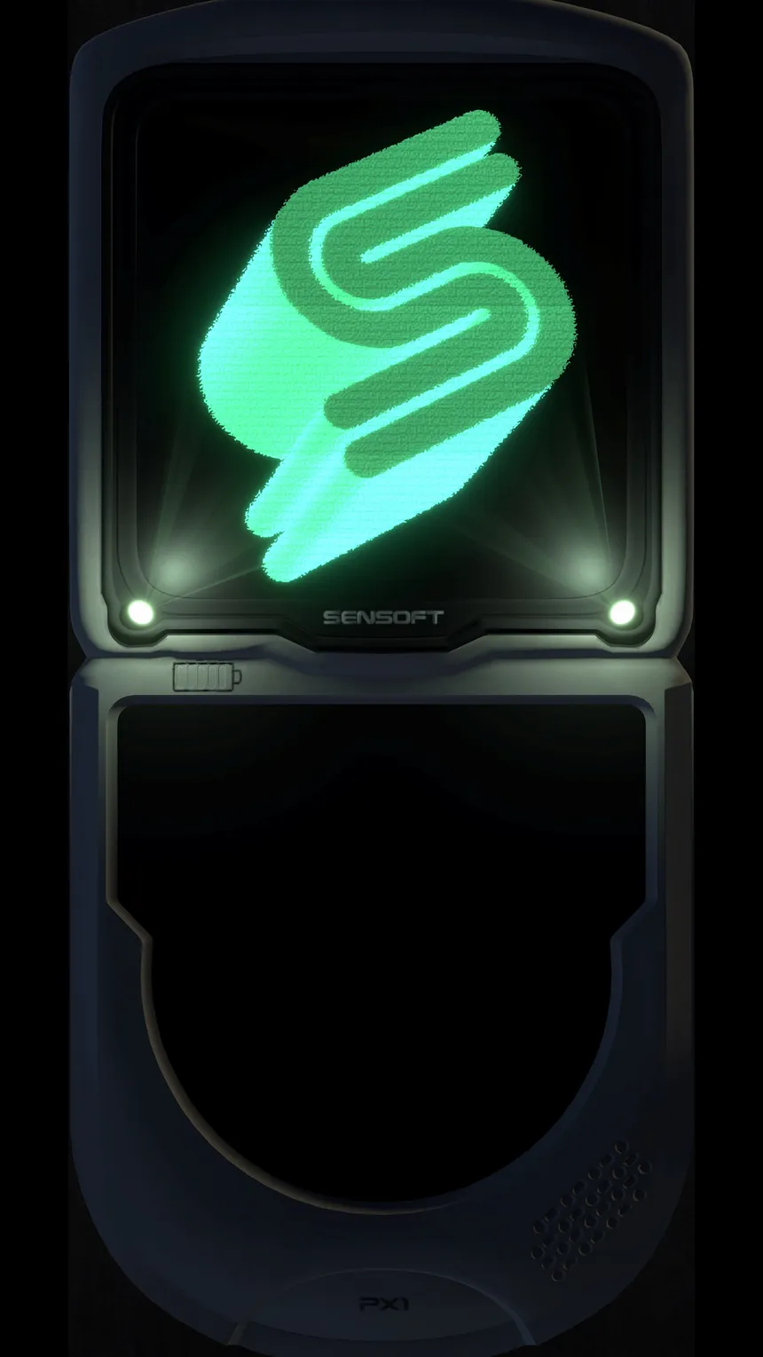 The PX-1 displaying a large glowing green glyph on a dark screen