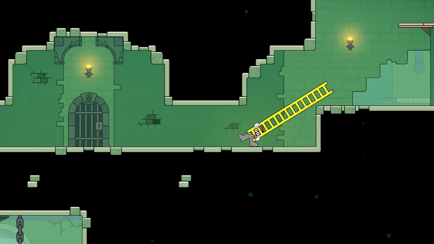 A mossy green ruin with a barred gate, the ladder bridging a gap between two crumbling ledges