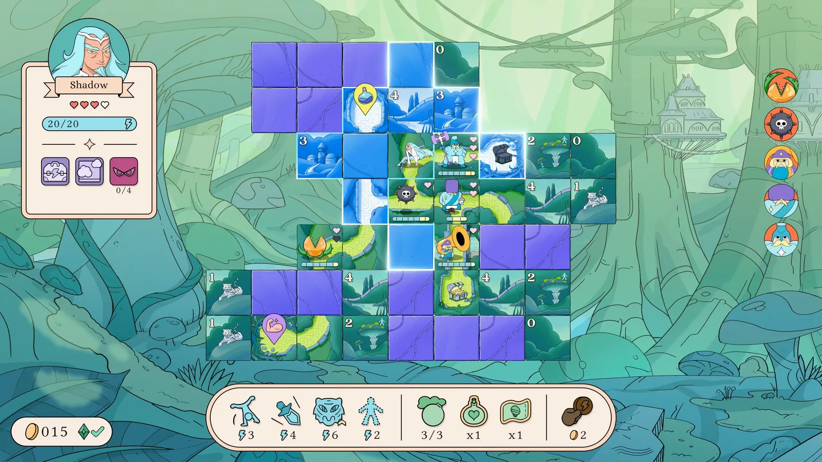 The Shadow class picking a route through half-revealed tiles on a misty green map