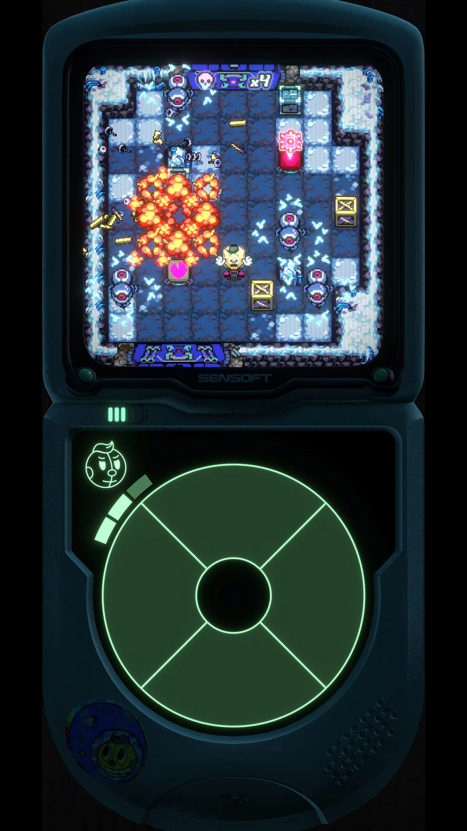The PX-1 showing a blue dungeon level mid-explosion, with the radar dish lit up below the screen
