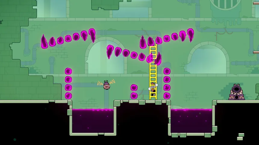 A wide green chamber lined with pink spikes, the ladder standing upright beside a dark drop