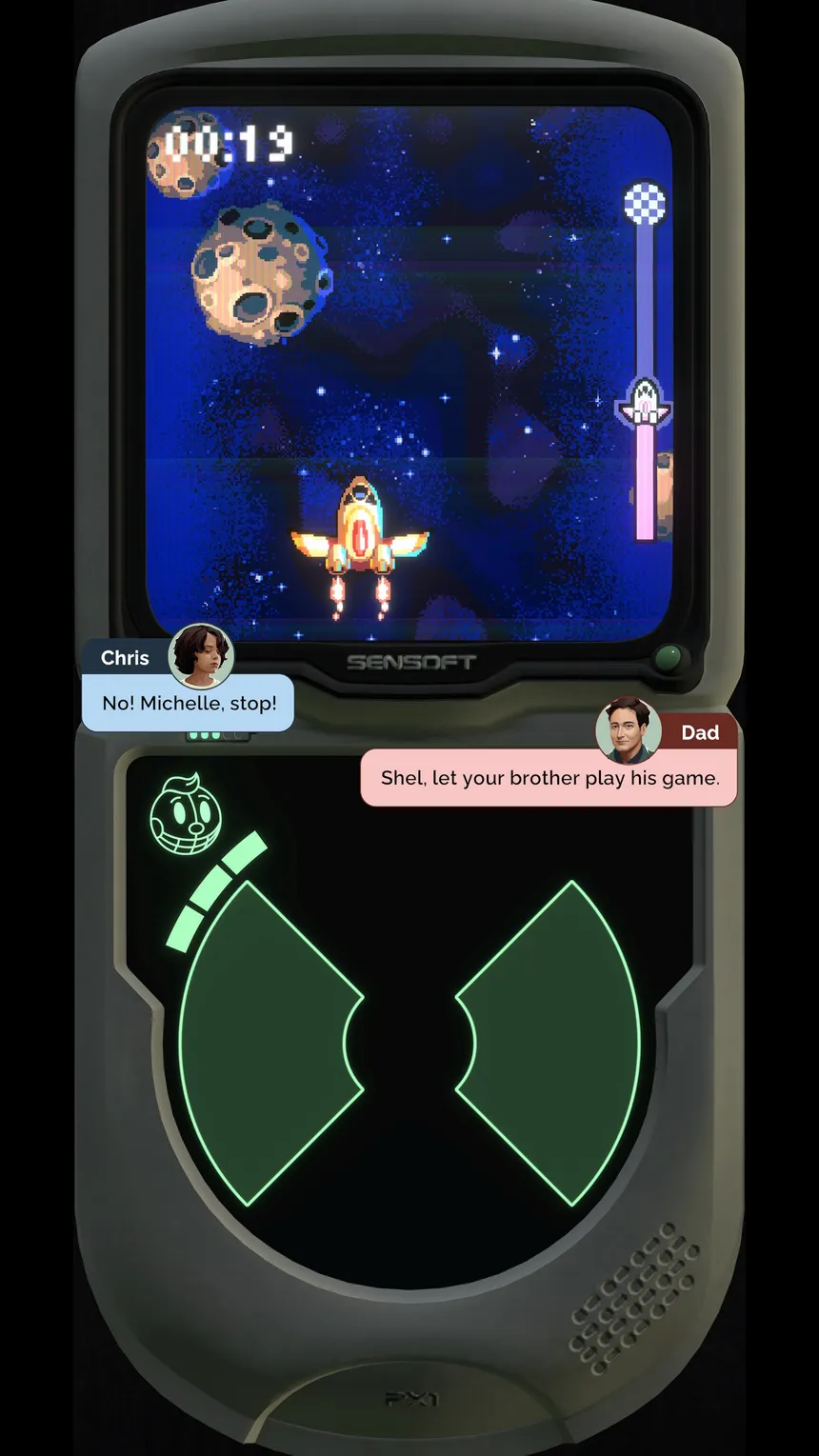 A space shooter running on the PX-1 while Chris tells Michelle to stop interrupting his game