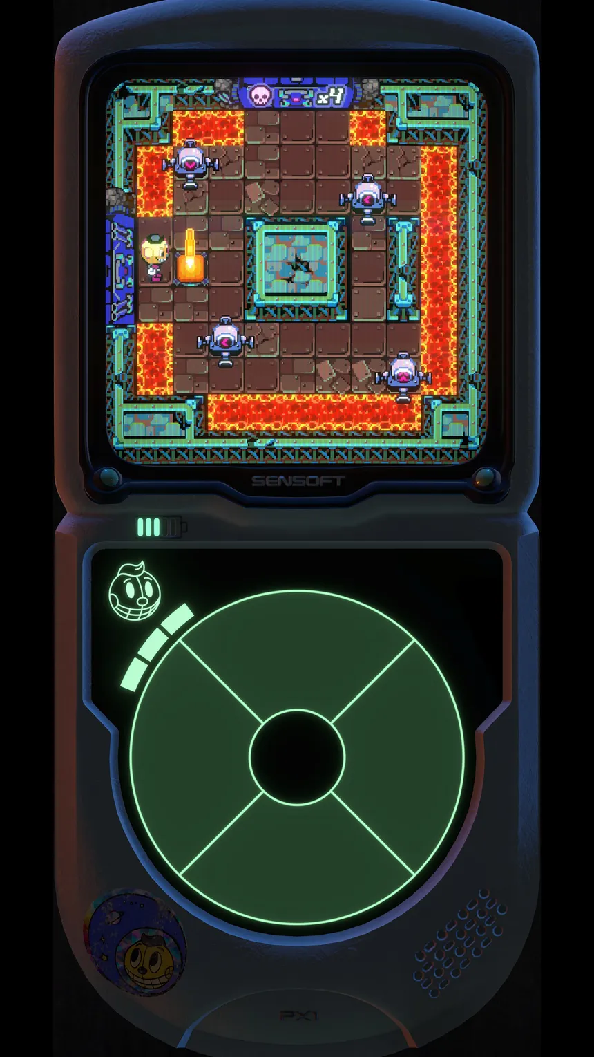A red and gold dungeon on the PX-1, with Dad telling Chris to let his brother play his game