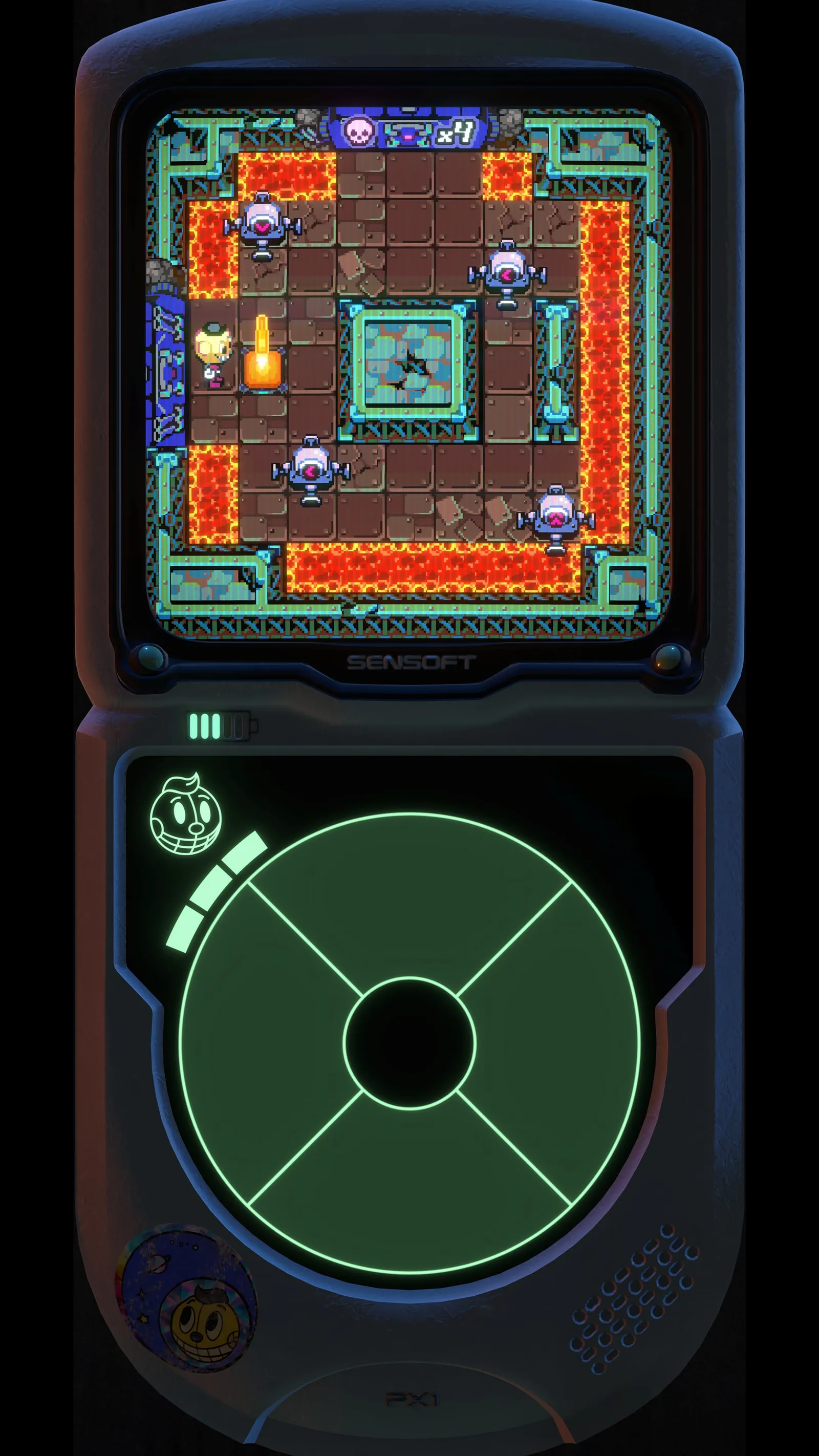 A red and gold dungeon on the PX-1, with Dad telling Chris to let his brother play his game