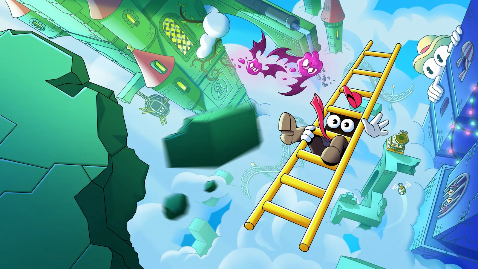 Ladder Lad key art — the Lad carrying his ladder through a towering, ladder-shaped world