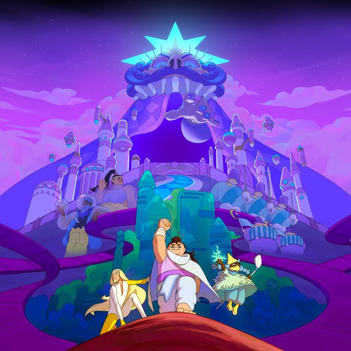 Three heroes raise their fists at the foot of the King's towering palace, a spire of blue and violet domes rising over Beebom City