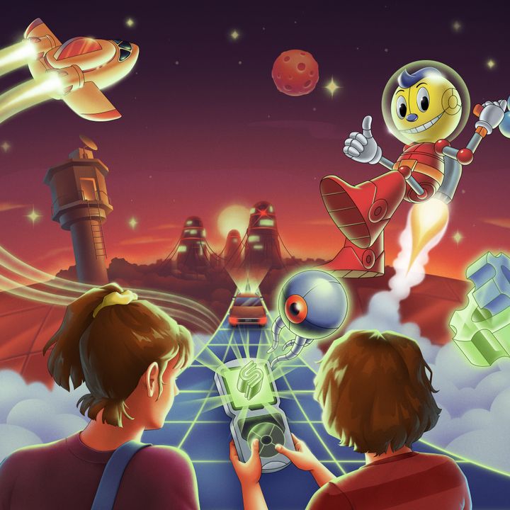 Chris and Michelle look out over a glowing neon grid stretching to the horizon, as the robot Kid Cosmo rockets overhead through a red sky