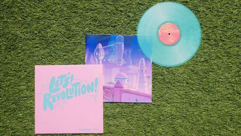 The pink sleeve, the inner sleeve printed with a purple night-time city, and the translucent teal disc laid out on grass